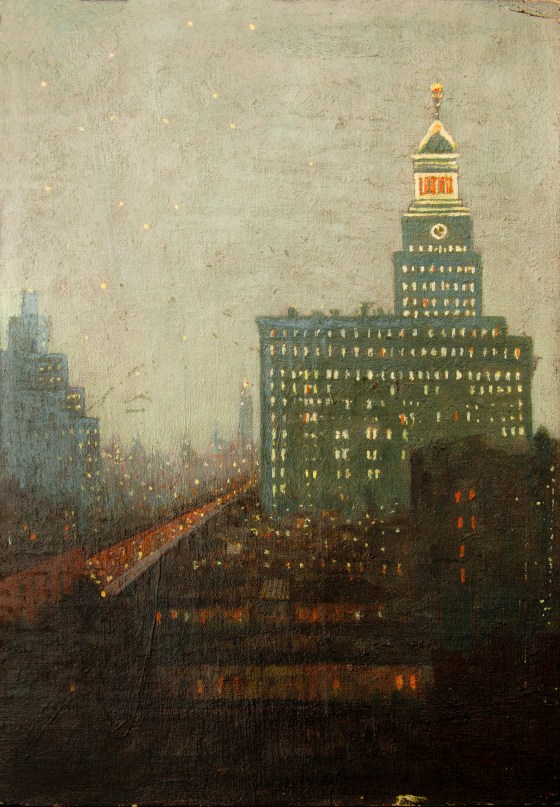 New York City scene, ca 1910, oil on panel